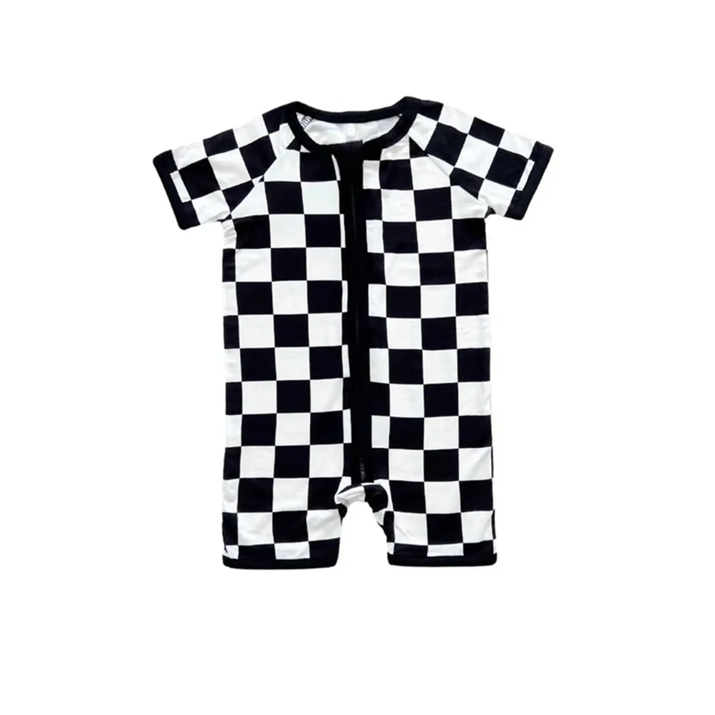 Preorder moq 5 Baby Boys Short Sleeves Black White Plaid Zipper Rompers