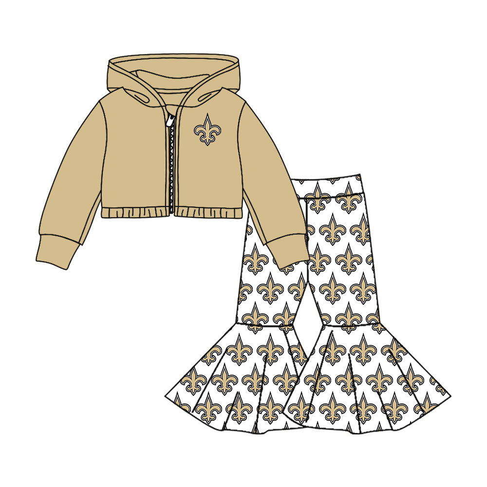 Preorder moq 5 Baby girls Khaki Saint team hooded shirt bell bottom pants sets