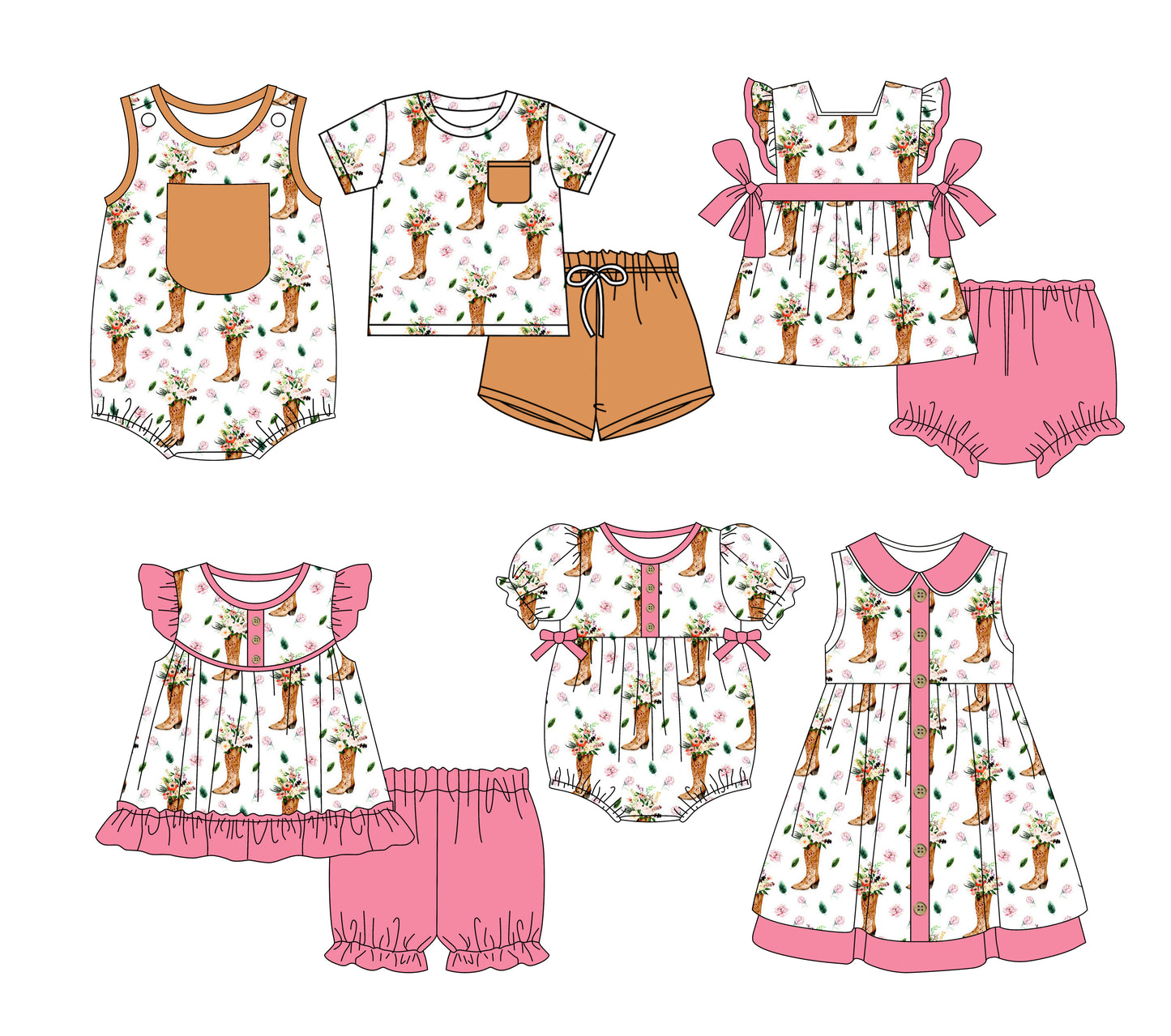 Preorder moq 5 Custom Baby Kids Khaki Pocket Button Boots Floral Top Short Bummies Sets Dresses And Rompers