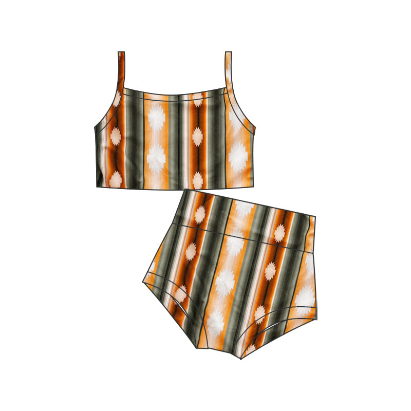 Baby Girls Brown Aztec Straps Top Bummie 2pcs Swimsuits preorder(moq 5)