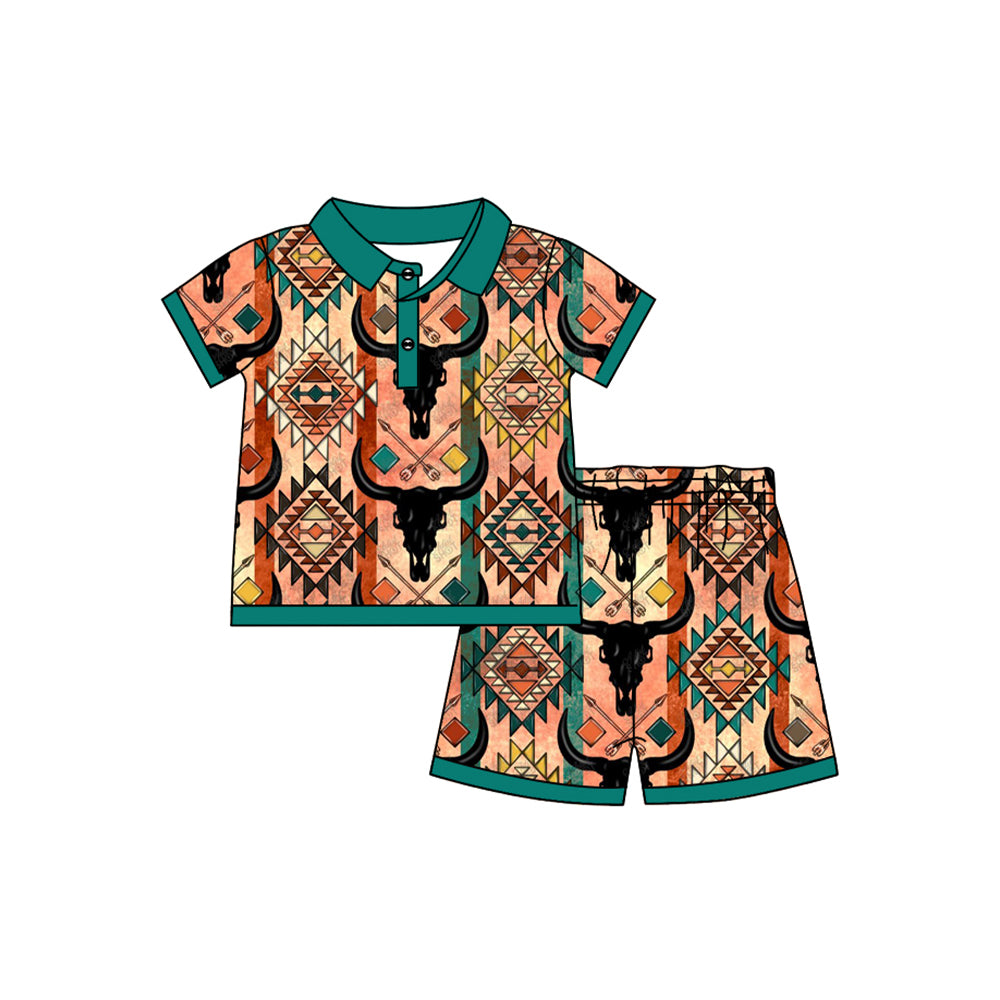 Preorder (moq 5)Baby Boys Western Skull Cow Aztec Pullover Shirt Shorts Clothes Sets