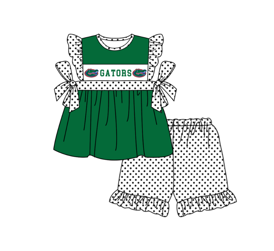 Preorder (moq 5)Baby Girls Green Gators Tunic Polka Dots Ruffle Shorts Team Clothes Sets