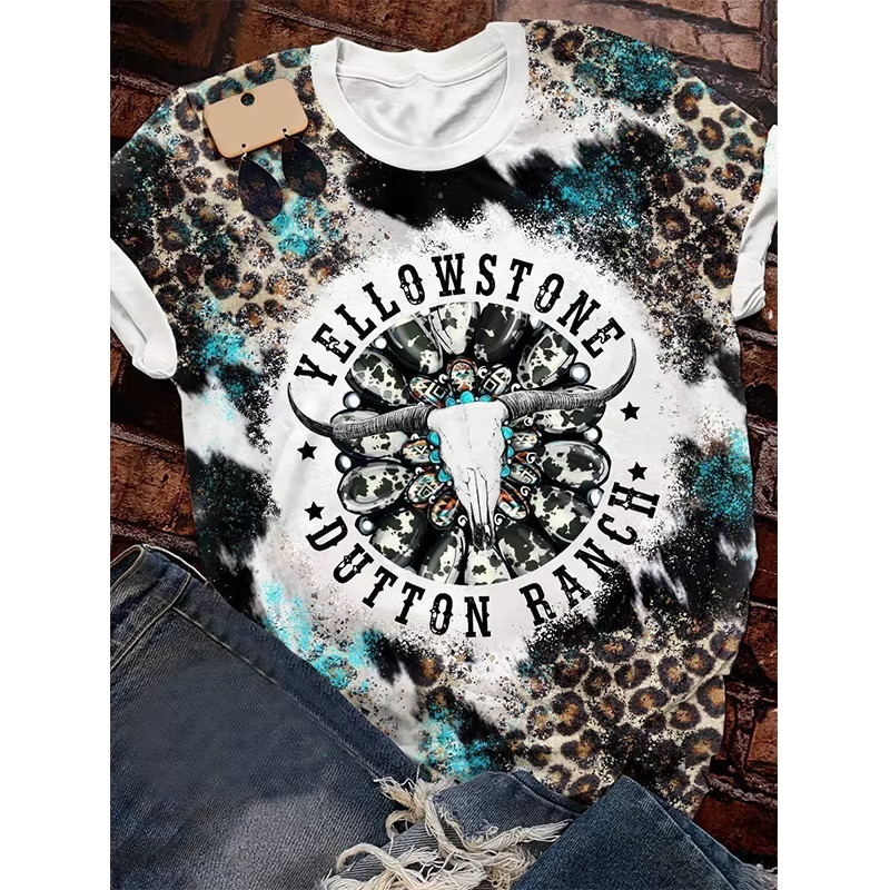 Preorder moq 5 Adult Women Western Leopard Cow Bleached Tee Shirts Tops