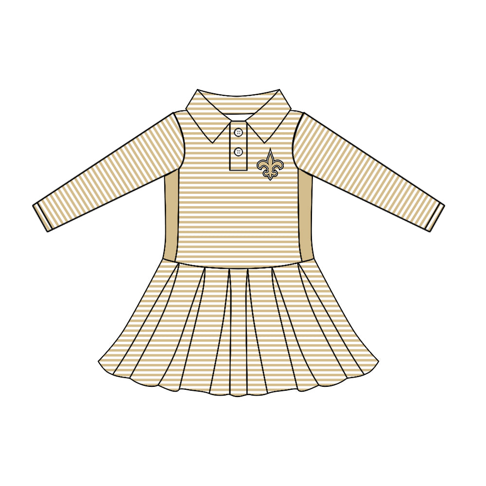 Preorder (moq 5)Baby Girls Long Sleeve Stripe Button Saint Team Knee Length Dresses