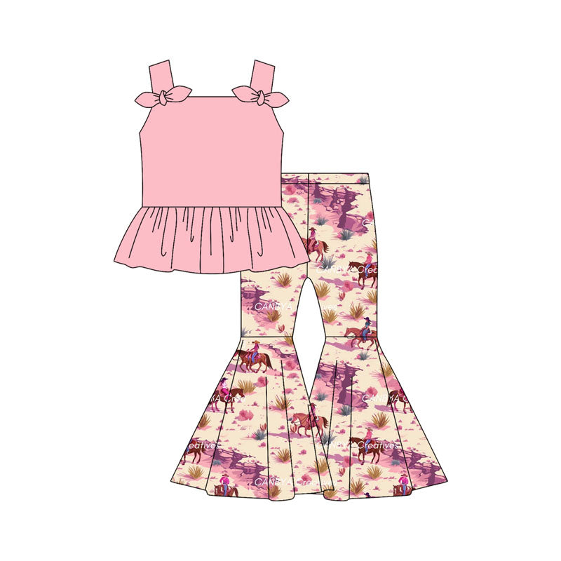 Preorder moq 5 Baby Girls Pink Strap Bows Tunic Horse Rodeos Bell Bottom Pants Set