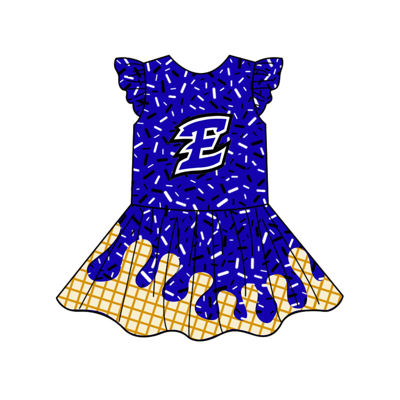 Preorder (moq 5)Baby Girls Blue E Team Flutter Sleeve Knee Length Dresses