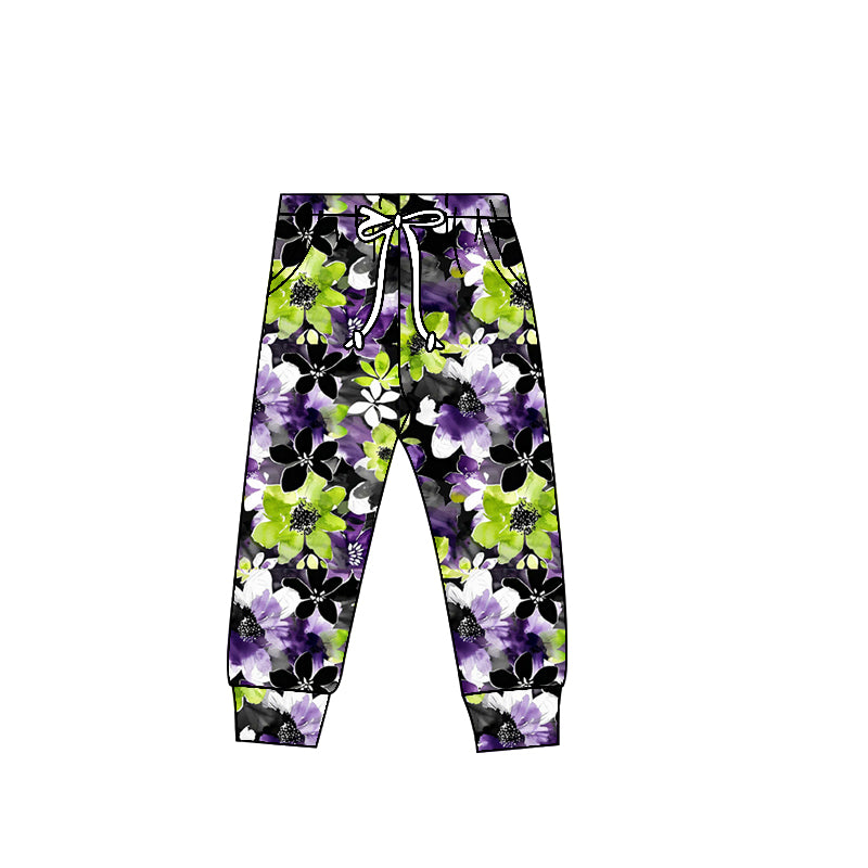 Preorder(moq 5) Baby Kids Halloween Green Purple Flowers Jogger Pants