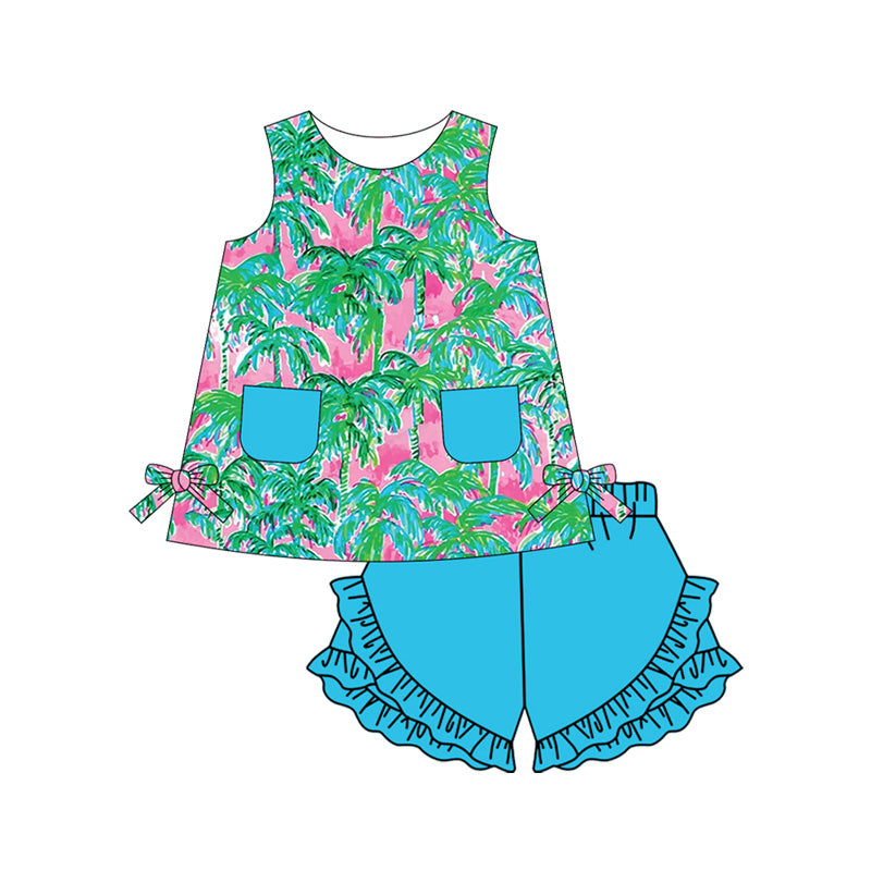 Preorder (moq 5)Baby Girls Blue Flowers Tunic Top Ruffle Shorts Clothes Sets