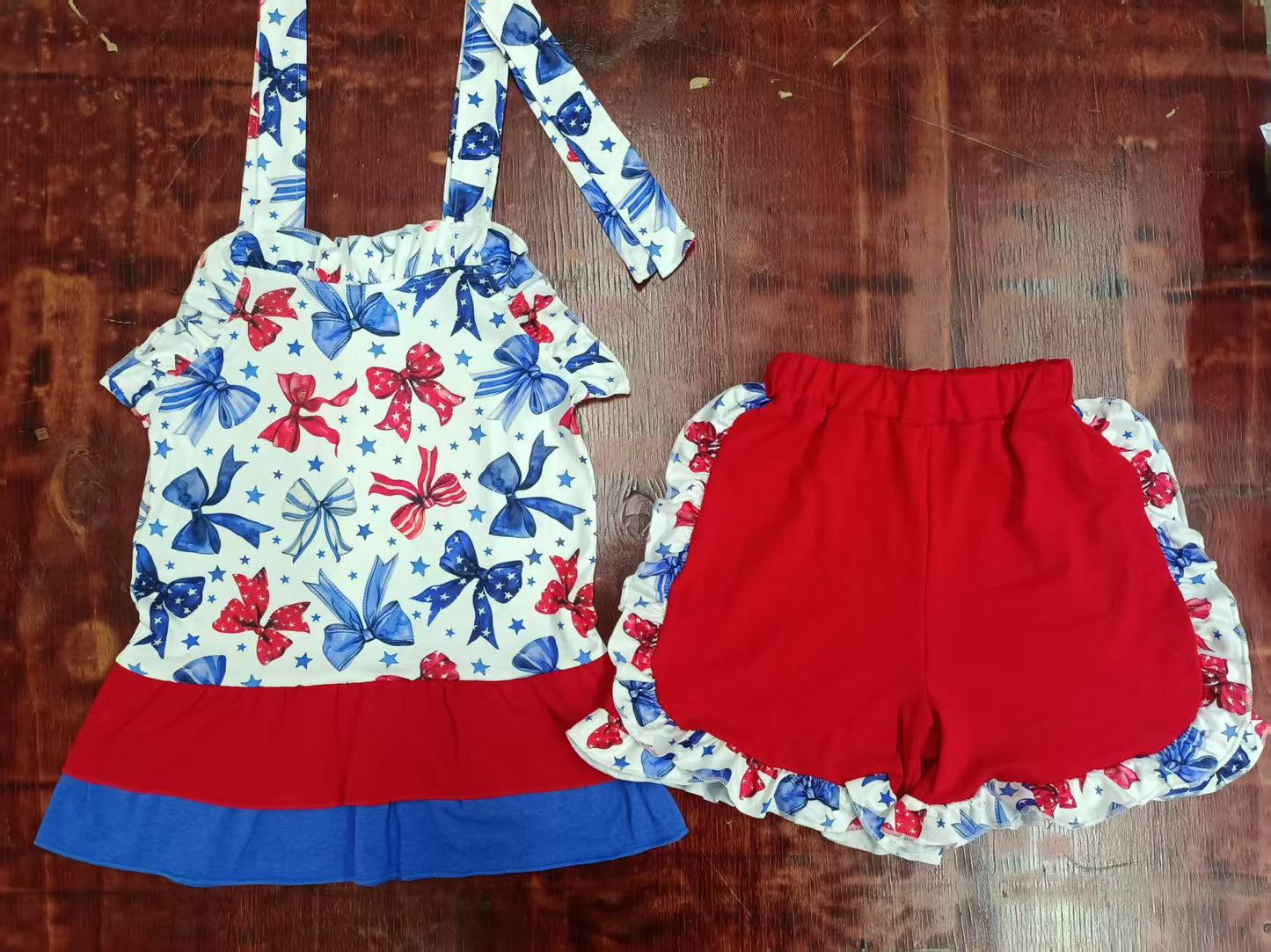 Preorder moq 5 Baby Girls Strap Blue Red Bows Stars Tunic Ruffle Short 4th Of July Set