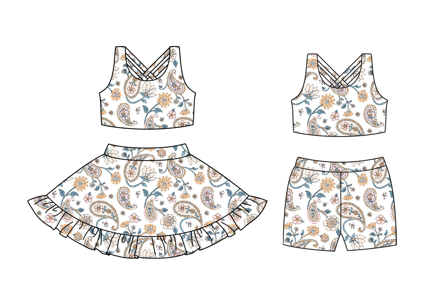 Preorder moq 5 Custom Baby Girls Sleeveless Peach Flowers Top Ruffle Skirts Set Biking Sets