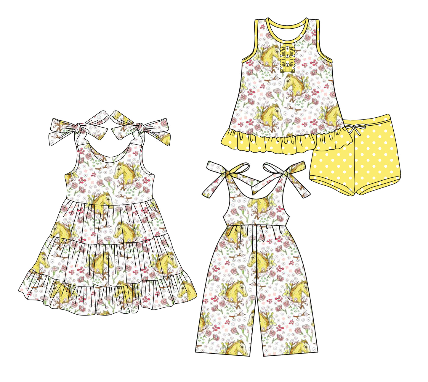 Preorder moq 5 Custom Baby Girls Yellow Horse Flowers Button Tunic Polka Dots Short Set Knee Length Dress Jumpsuits