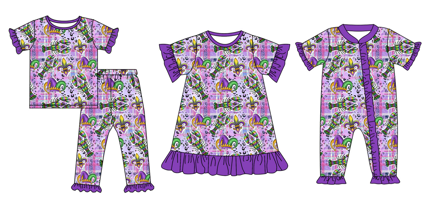 Preorder(moq 5 each)Sibling Baby Girls Mardi Gras Crawfish Romper Dress Pajamas Sets