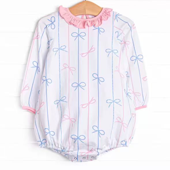Preorder(moq 5)Baby Infant Girls Long Ruffle Sleeve Pink Blue Bows Stripes Rompers