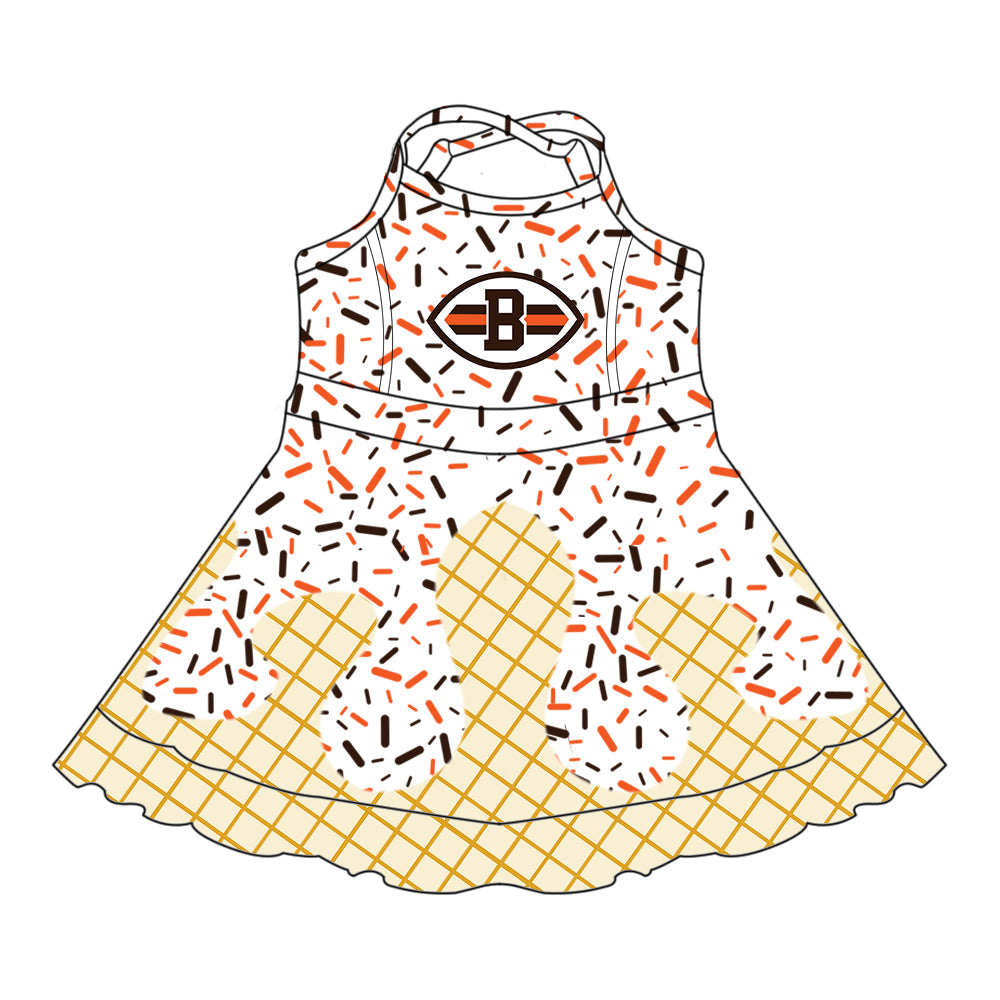 Preorder (moq 5)Baby Girls Drip Sprinkles Cleveland Browns Team Shorts Ruffle Knee Length Dress