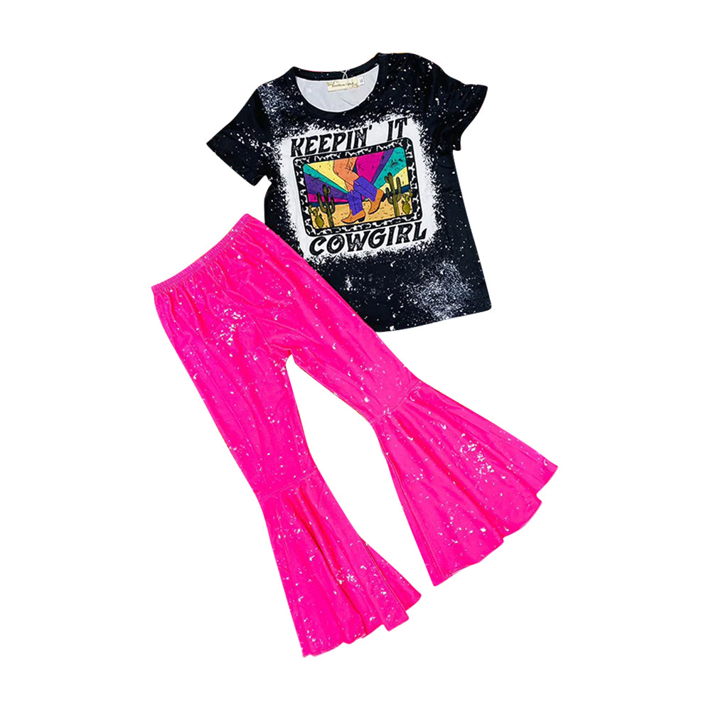Baby Girls Black Color Cowgirl Tee Shirts Tops Bell Pants Clothes Sets preorder(moq 5)