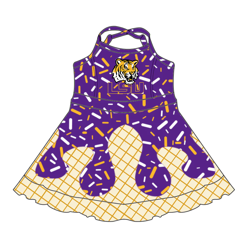 Preorder (moq 5)Baby Girls Strap Drip Purple LSU Shorts Ruffle Team Knee Length Dresses