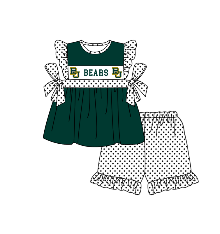 Preorder (moq 5)Baby Girls Flutter Sleeve Bears Tunic Polka Dots Ruffle Shorts Team Clothes Sets