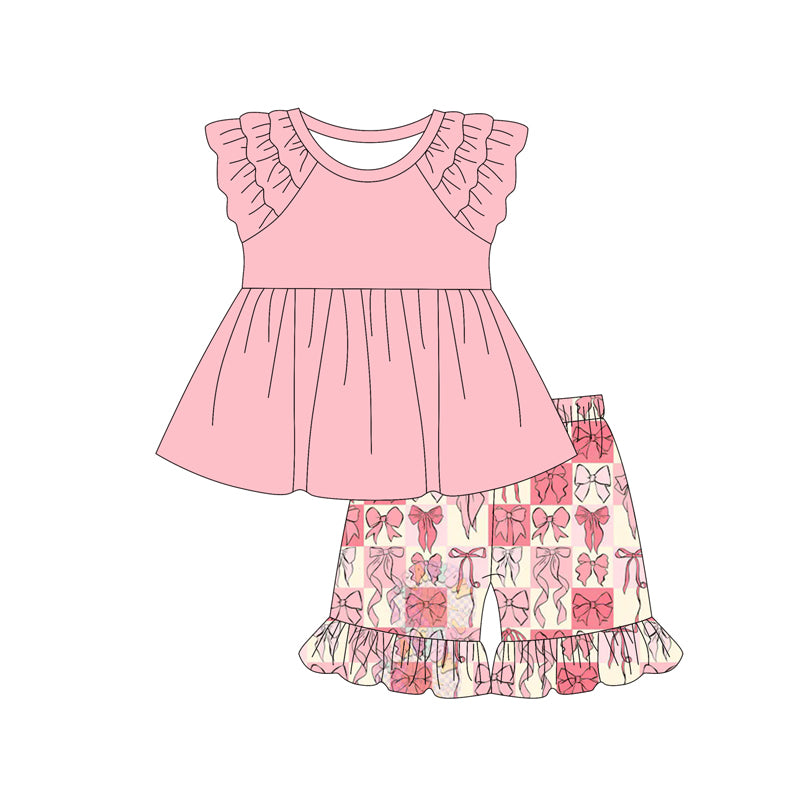 Preorder (moq 5)Baby Girls Pink Checkered Bows Tunic Shorts Clothes Sets