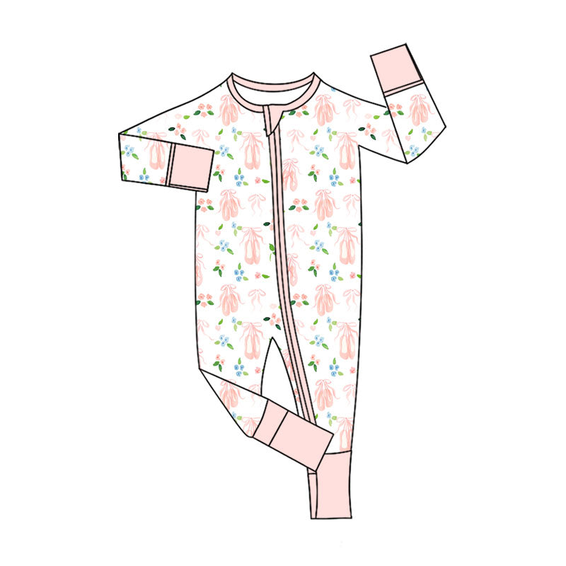 Preorder (moq 20)Baby Girls Bamboo Pink Bows Shoes Zipper Footie Rompers