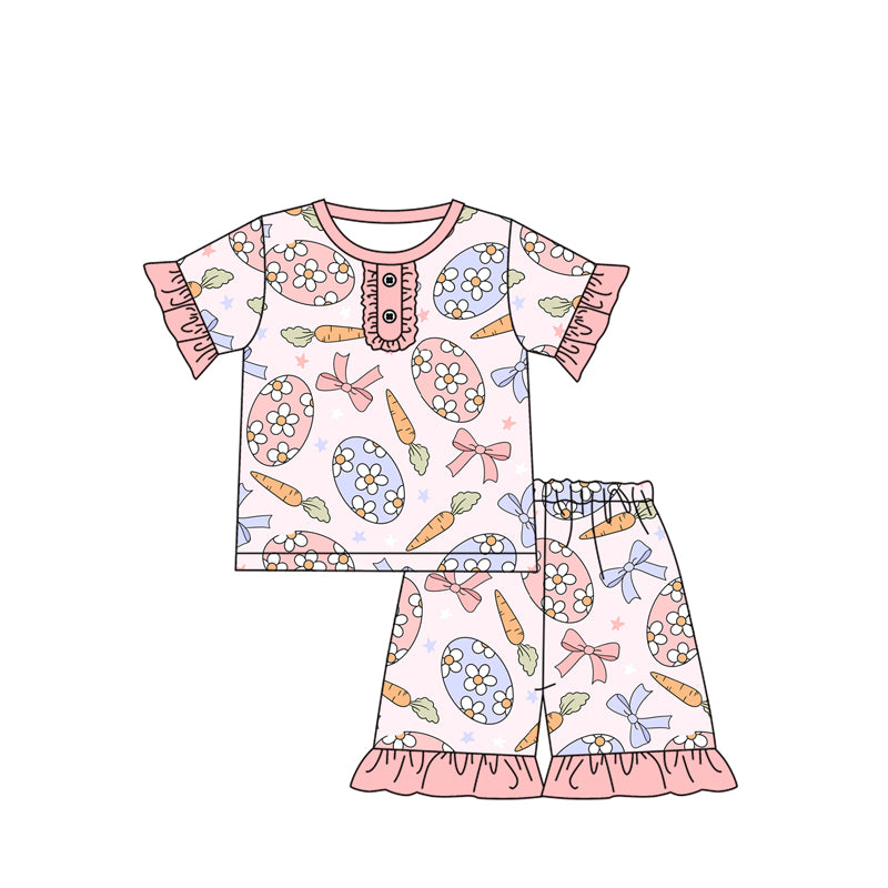 Preorder (moq 5)Baby Girls Eggs Carrots Bows Top Checkered Shorts Pajamas