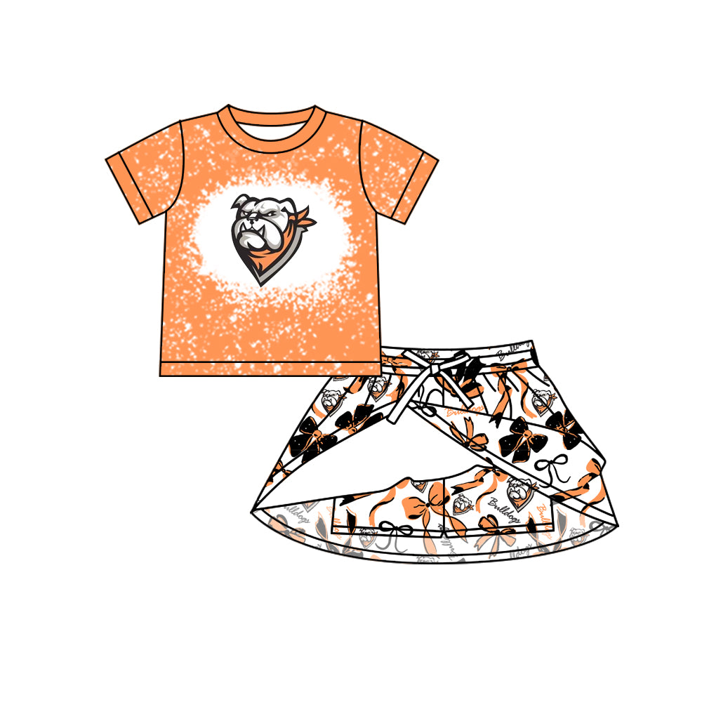 Preorder (moq 5)Baby Girls Orange Bulldogs Team Top Bows Skirt Skort Team Sets