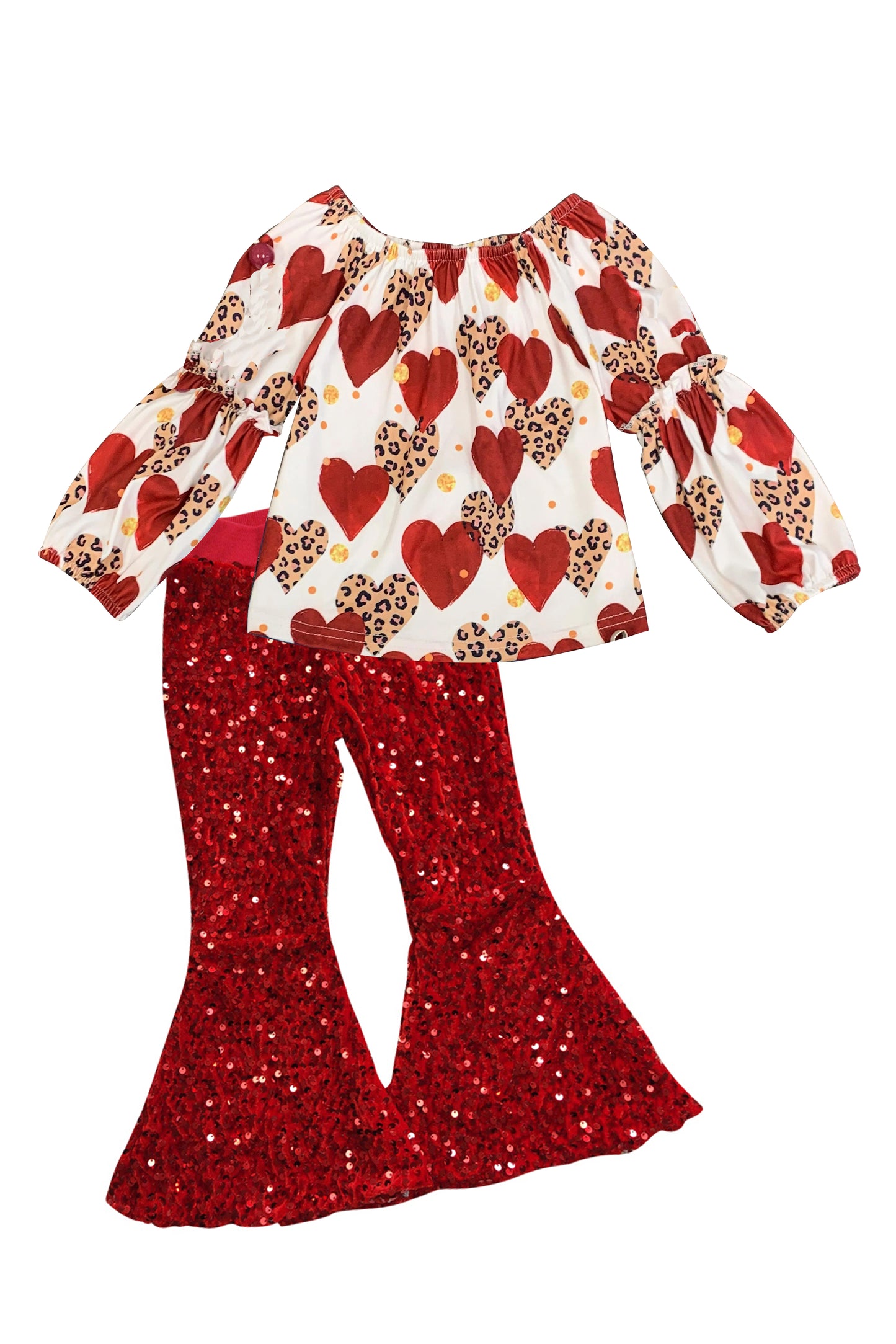 Baby Girls Valentines Hearts Long Sleeve Tee Shirts Tops Red Sequin pants sets preorder(moq 5)