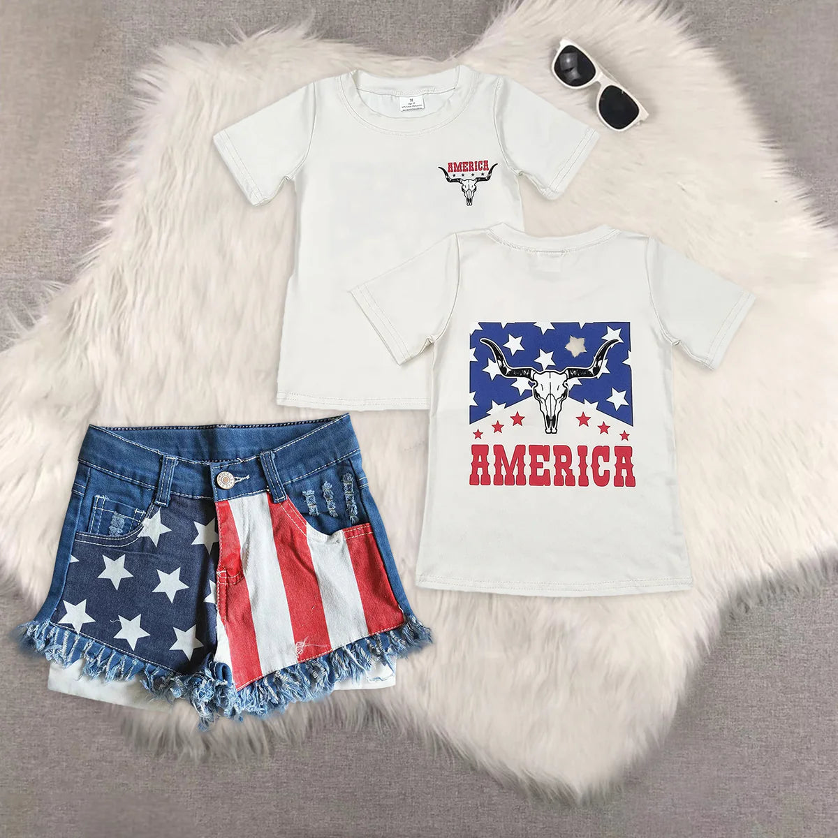 Baby Girls American Cow Shirt Denim Shorts Outfits