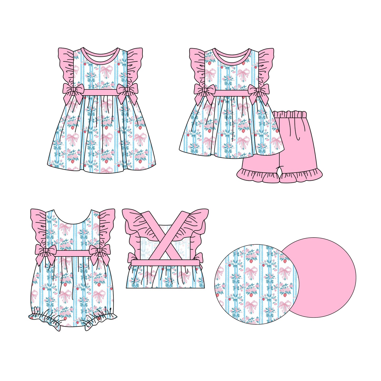 Preorder moq 5 Custom Baby Girls Floral Stripe Bows Tunic Pink Ruffle Short Sets Knee Length Dress Rompers