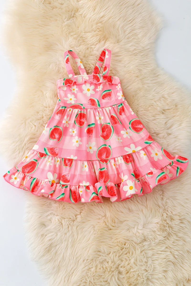 Preorder (moq 5)Baby Girls Peach Sleeveless Floral Watermelons Knee Length Dresses