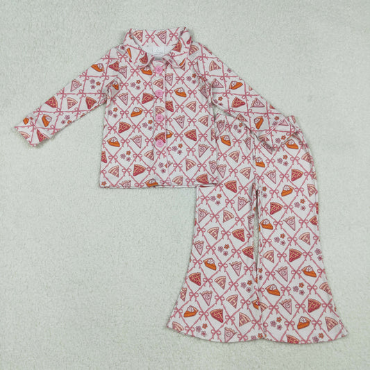 Sibling Baby Girls Bows Flowers Pie Checked Button Thanksgiving Pajamas Set Zip Footie Rompers