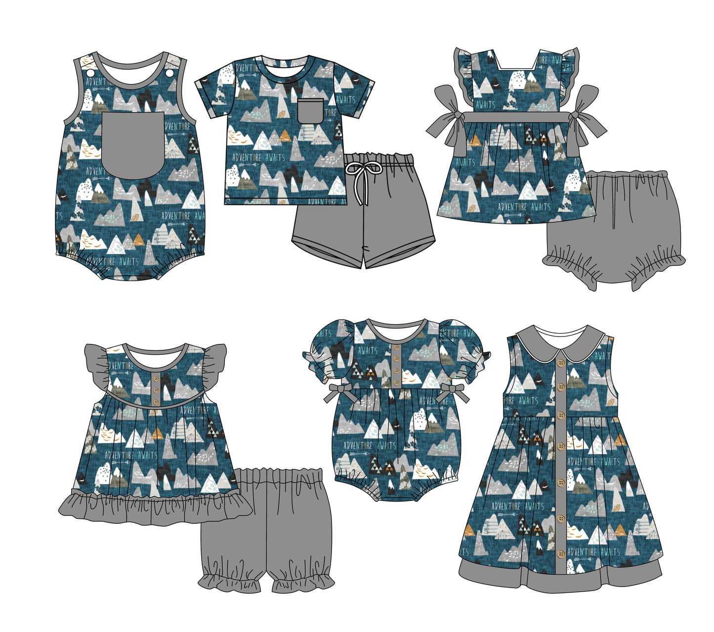 Preorder moq 5 Custom Baby Kids Gray Pocket Button Mountains Top Short Bummies Sets Dresses And Rompers