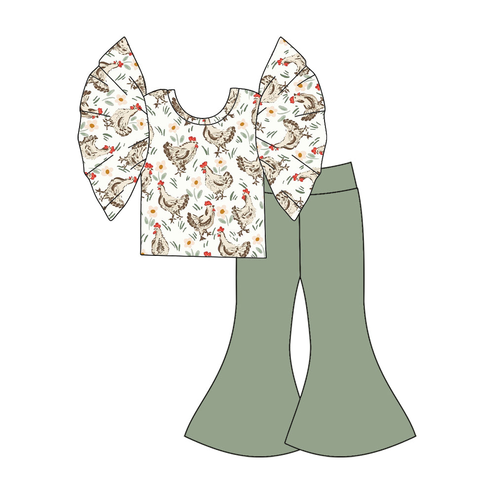 Baby Girls Chicken Flutter Sleeve Top Brown Bell Pants Clothes Outfits Sets preorder(moq 5)