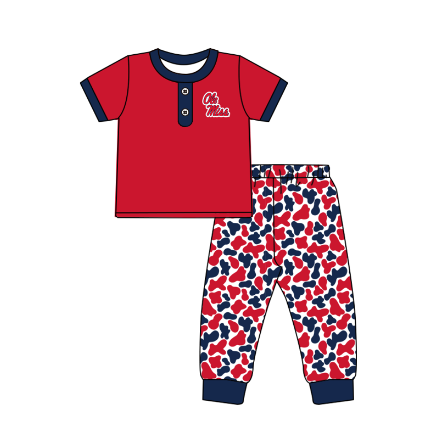 Preorder (moq 5)Baby Boys Red Ole Miss Button Top Camo Pants Team Clothes Sets