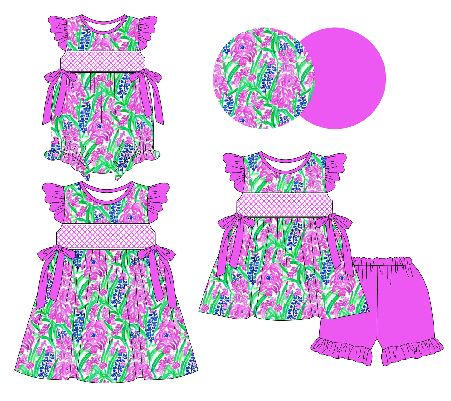 Preorder moq 5 Custom Baby Girls Hot Pink Flutter Sleeves Watercolor Floral Bows Tunic Ruffle Short Set Knee Length Dress Rompers