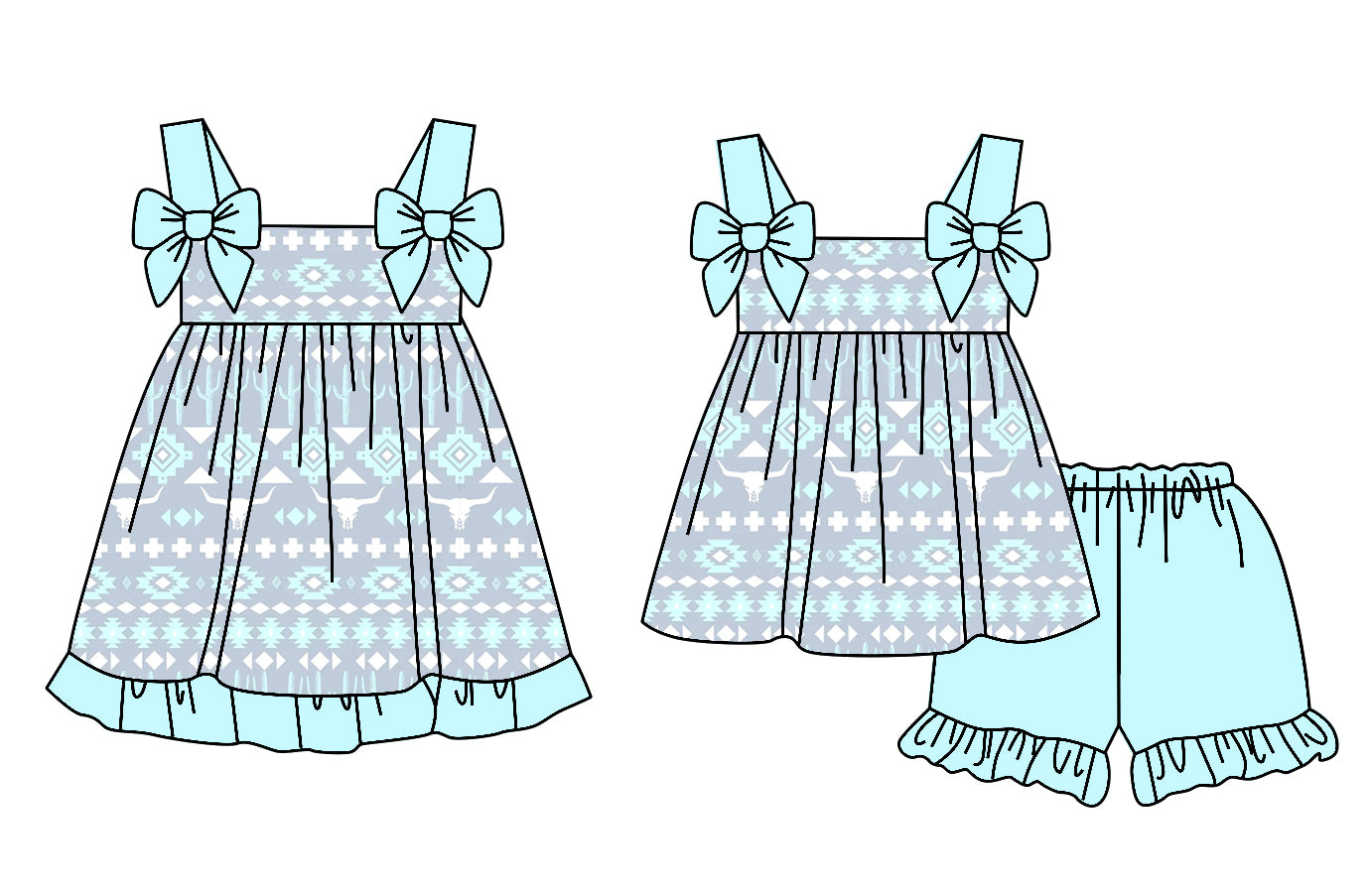 Preorder moq 5 Custom Baby Girls Aqua Strap Aztec Tunic Ruffle Short Set Knee Length Dresses