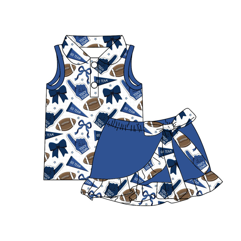 Preorder (moq 5)Baby Girls Footballs Go Team Button Top Ruffle Skirt Shorts Clothes Sets