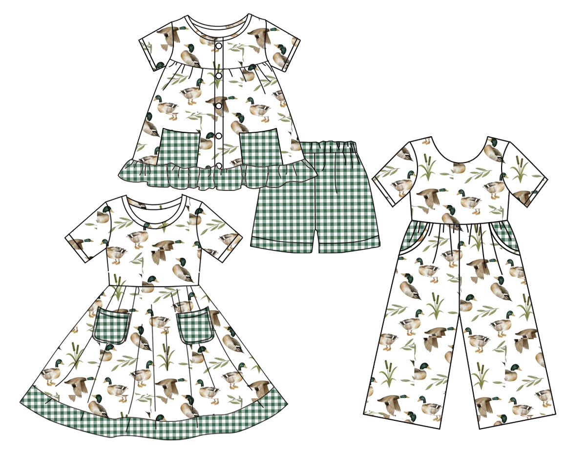 Preorder moq 5 Custom Baby Girls Short Sleeves Button Ducks Green Plaid Pockets Tunic Short Set Knee Length Dress Jumpsuits