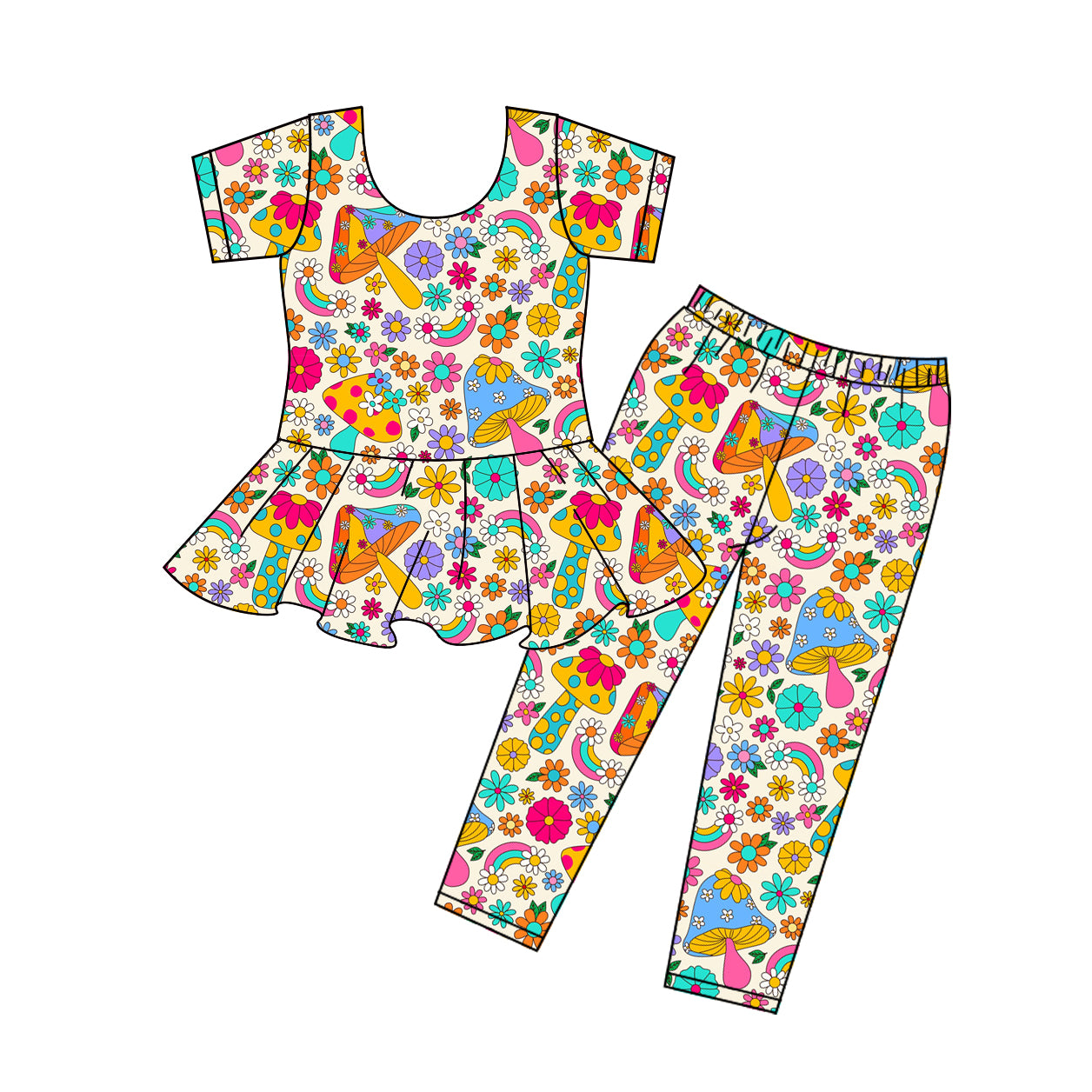 Preorder (moq 5)Baby Girls Flowers Mashroom Tunic Top Pant Clothes Sets