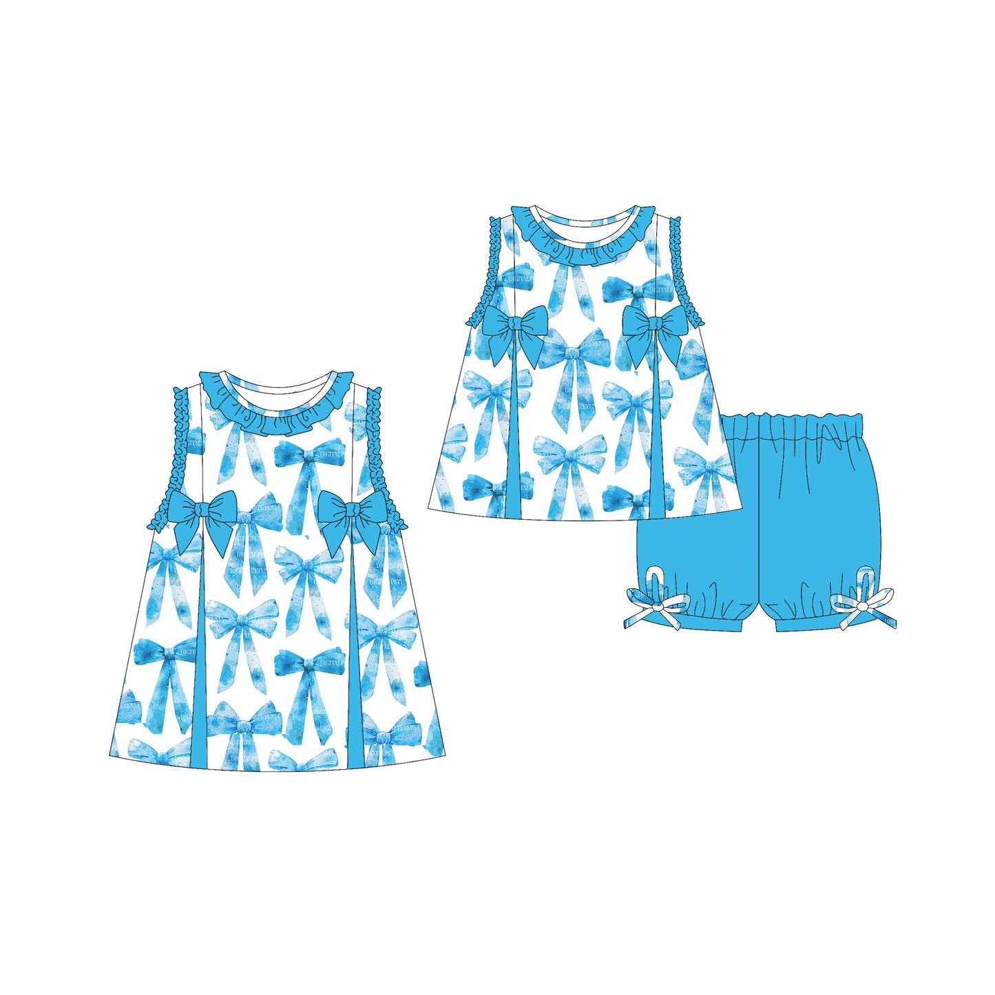 Preorder moq 5 Custom Baby Girls Sleeveless Blue Bows Tunic Ruffle Short Set Knee Length Dresses