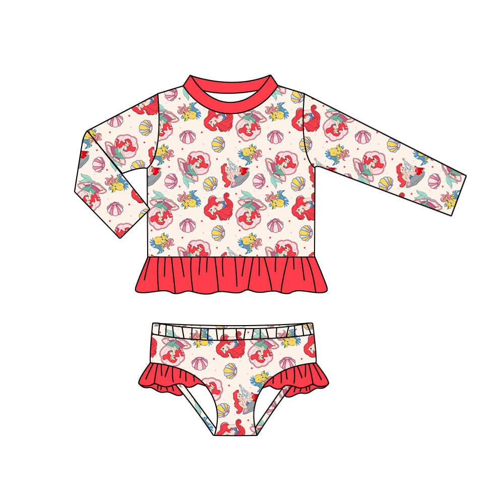 Baby Girls Red Mermaid Long Sleeve Top Bummie 2pcs Swimsuits preorder(moq 5)