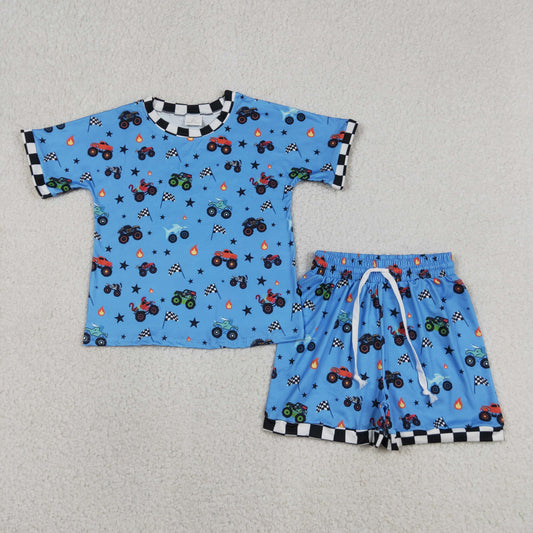 Baby Boys Blue Motors Cars Flags Top Shorts 4th of July Clothes Sets