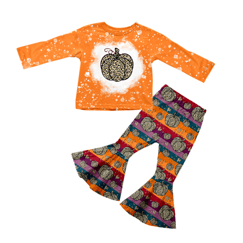 Baby Girls Pumpkin Leopard Top Bell Pants Clothes Sets Preorder(moq 5)