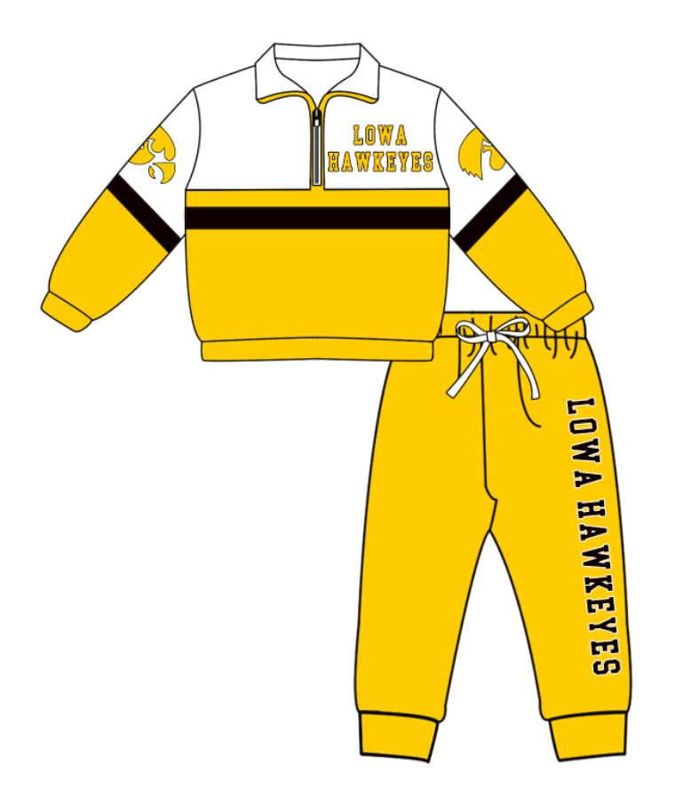 Preorder (moq 5)Baby Boys Lowa Hawkeyes Zipper Pullover Jogger Pants Team Clothes Set