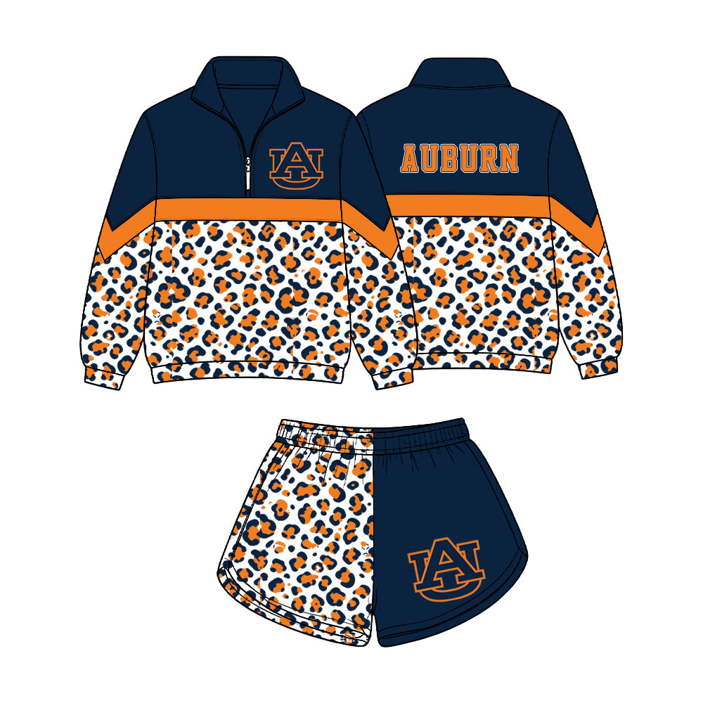 Preorder (moq 5)Baby Girls Navy Orange Leopard Auburn Zip Pullovers Short Team Clothes Set