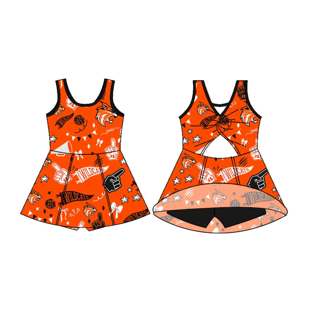 Preorder (moq 5)Baby Girls Sleeveless Orange Wildcats Football Team Shorts Dresses