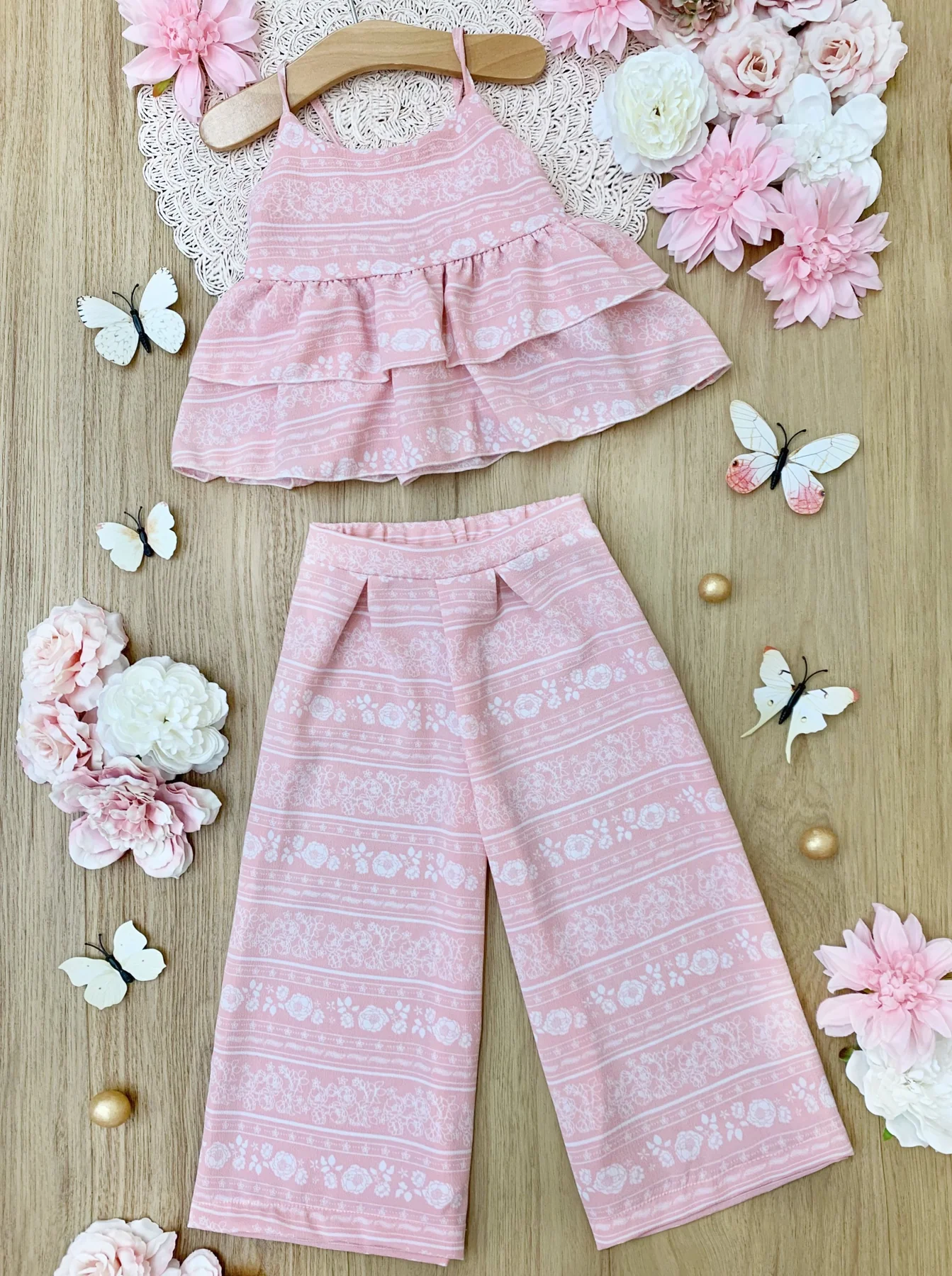 Baby Girls Pink Ruffle Aztec Straps Top Pants Clothes Sets preorder (moq 5)