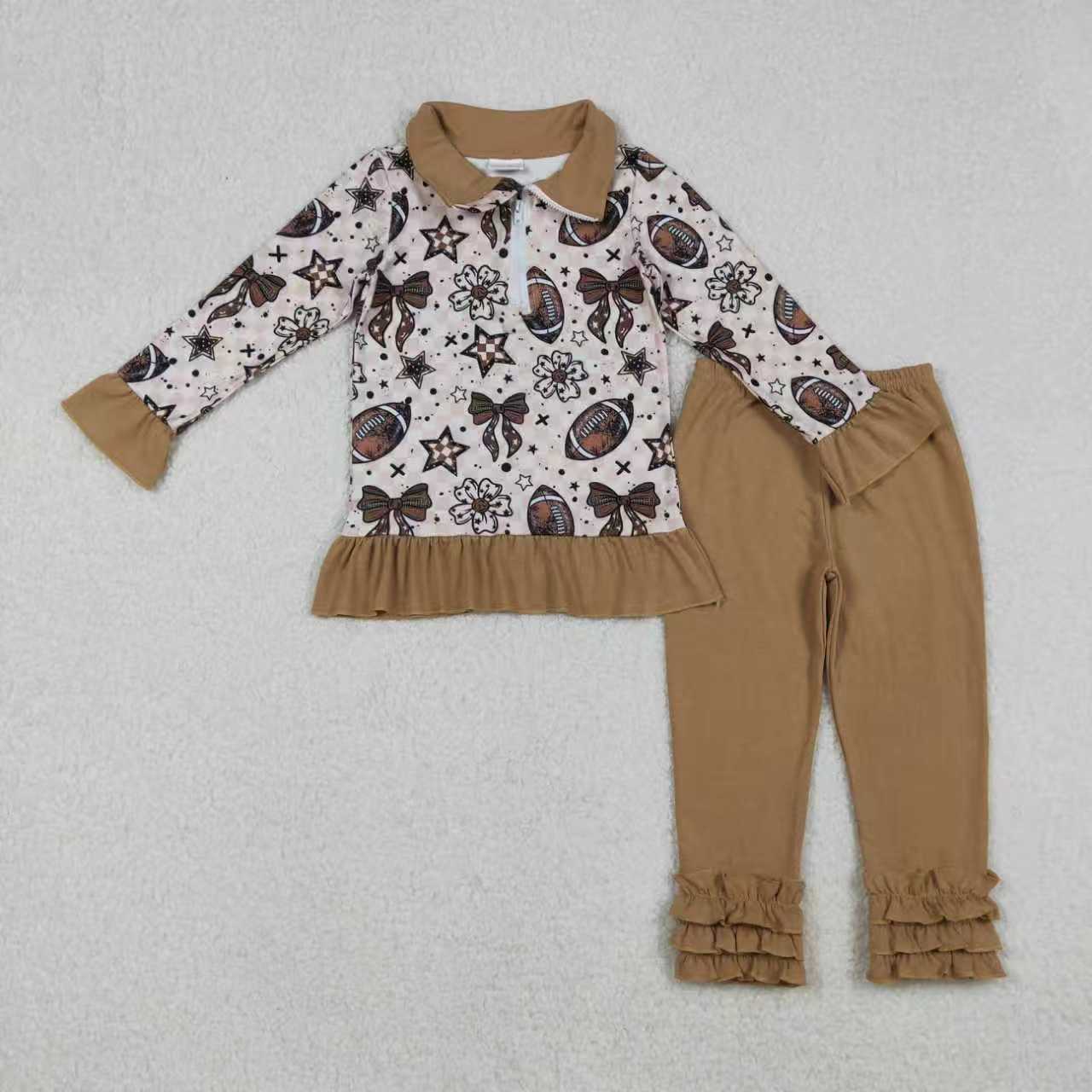 Sibling Baby Girls Bows Footballs Zip Pullover Top Pants Team Clothes Sets Ruffle Hoodies Top