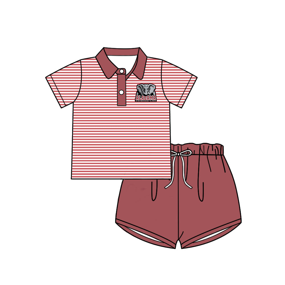 Preorder (moq 5)Baby Girls Red Stripe Alabama Elephants Button Polo Top Shorts Team Clothes Sets