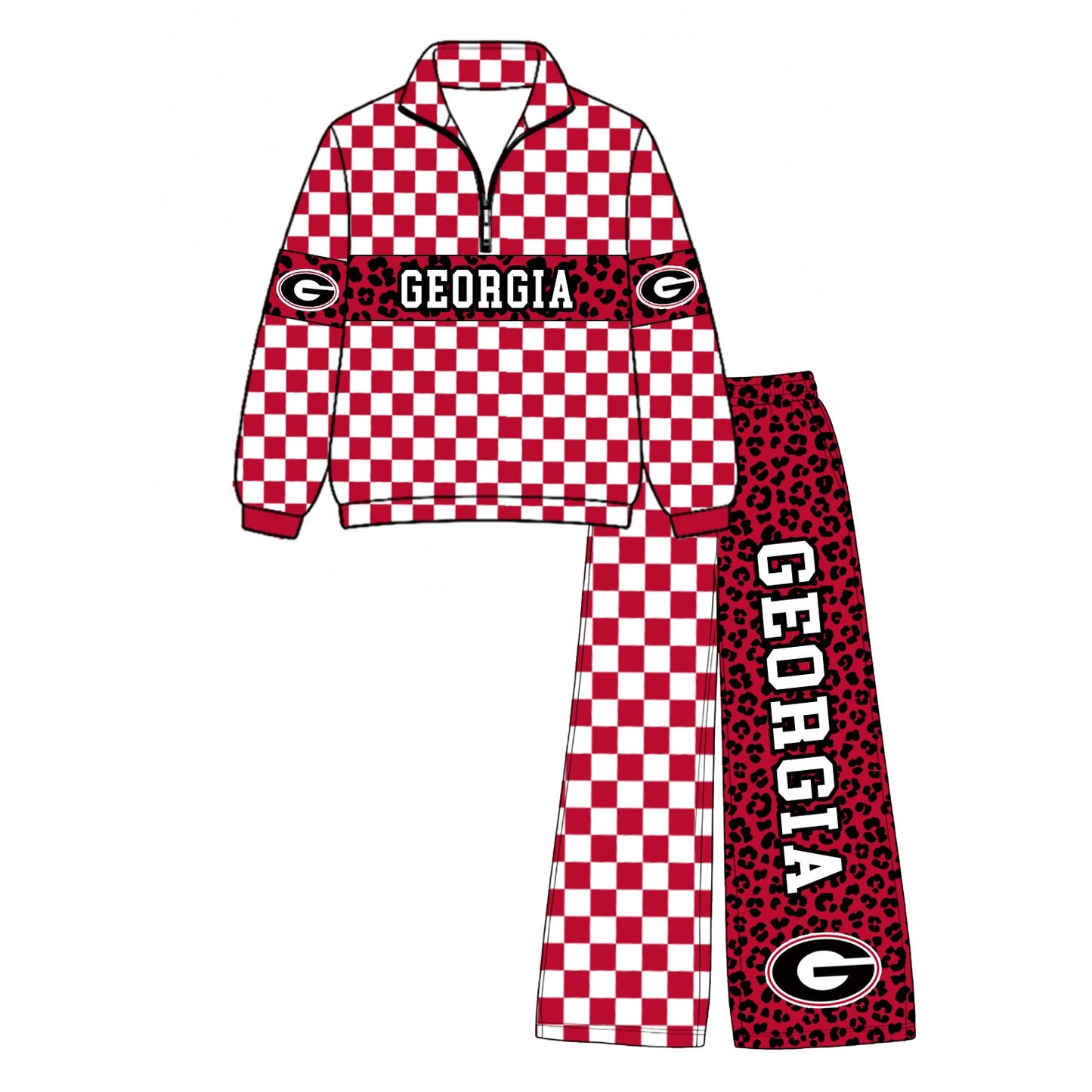 Preorder(moq 5)Baby Boys Red Checked Leopard Georgia Zip Pullover Pockets Pants Team Clothes Sets