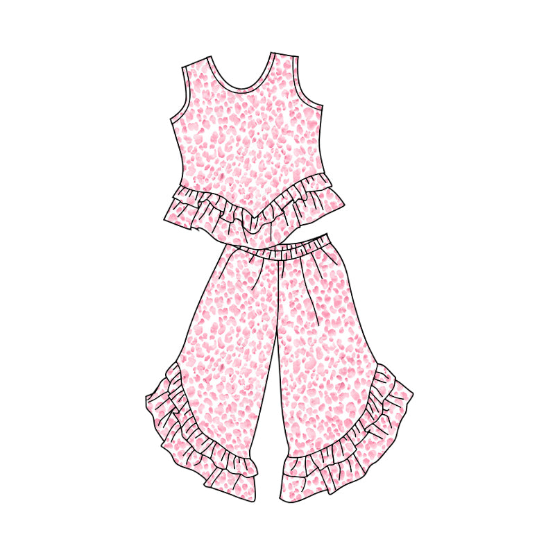 Baby Girls Pink Sleeveless Leopard Top Ruffle Pants Clothes Sets order preorder (moq 5)